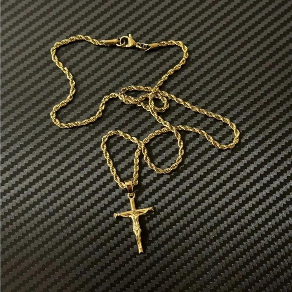 22” 18K Gold Plated Crucifix Cross Pendant Necklace Rope Chain Unisex Religious